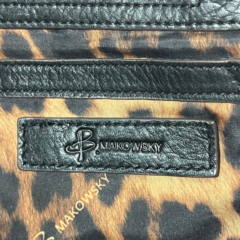 B. Makowsky Shoulder Tote Bag Purse Black Woven Braided Leather Leopard Lining - Picture 7 of 12